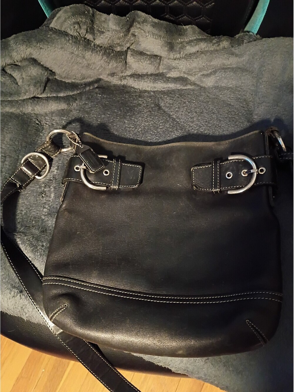 Vintage coach Black Leather Crossbody Shoulder Bag with Buckle Detail